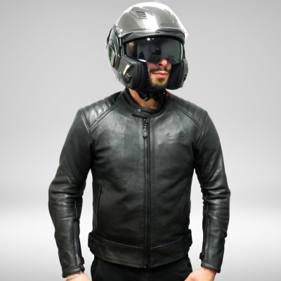 Blouson moto cuir homme/femme Homologués (Super-Sport noir/texte gris)  MITSOU